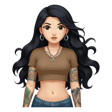 A girl with fair skin, long black hair with big waves, tattoos on her arms, wearing a brown navel-revealing short-sleeved shirt, and a navel piercing sticker
