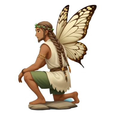 full body druid man, tan skin, long braid, from behind kneeling at lake edge, moths behind shoulders sticker