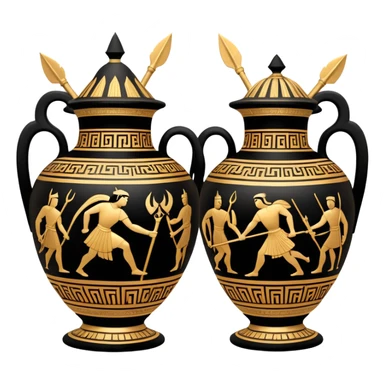 Cinematic-realistic Grecian urn, an exquisite black-figure pottery masterpiece resting in the dim glow of an ancient temple. Intricate golden depictions of two warrior fighting with spears and warriors encircle its curved form, telling timeless myths of heroism and tragedy.  sticker