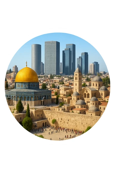 cinematic realistic emoji combining Jerusalem and Tel Aviv, wide city view with iconic landmarks Dome of the Rock, Western Wall, Church of the Holy Sepulchre, Tel Aviv skyline with Azrieli Center, lifelike detail, accurate colors, bright daytime lighting, fully transparent background, no sky, no clouds sticker