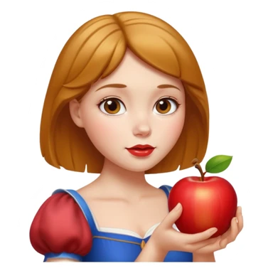 Create an emoji of Snow White holding a red apple, with short golden-brown hair. sticker