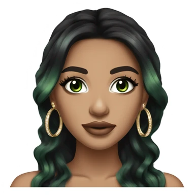 Glamorous, streetwear or cocktail dress, black balayage hair, long wavy hair, olive skin, green almond eyes, winged eyeliner with big lashes, wearing hooped earrings, rings and bracelets  sticker