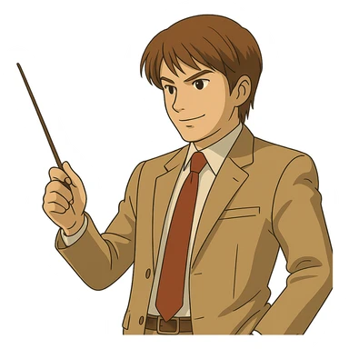 Change the angle of the teacher's stick so Light Yagami is pointing downward, confident expression, Ghibli style, transparent background. sticker