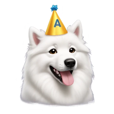 A Samoyed with a fourth birthday hat sticker