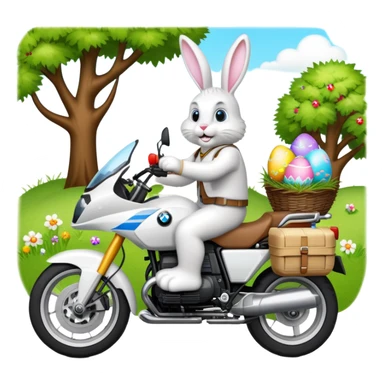 Easter bunny riding a BMW boxer motorcycle with trees and grass in the background and colorful Easter eggs hidden in the grass sticker