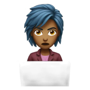 Angry woman holding laptop sticker