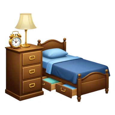 A Cupboard-commode-drawer-night-bed-stand furniture with a night lamp on, a photo on, and a digital alarm clock on sticker