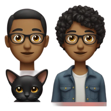 the head of a boy with dark curly very short hair and white glasses and next to the head is the head of a black cat sticker