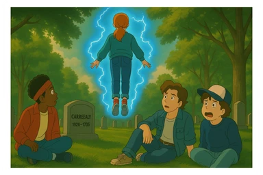Max from Stranger Things levitating with her back to the viewer, floating in front of Lucas, Steve, and Dustin, who are all looking at her. Dustin is visibly frightened. Ghibli style, wide aspect ratio (16:9), supernatural glowing effects, dramatic mood. sticker