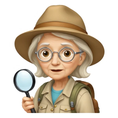 Explorer old woman backpack and magnifying glass, voyarer sticker