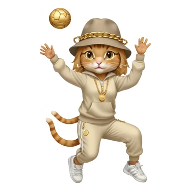 female cat dressed like Run DMC in tracksuit, fedora, Adidas shoes, lots of gold chains, rings, bracelets, earrings, catching a ball high in the air, no sunglasses sticker
