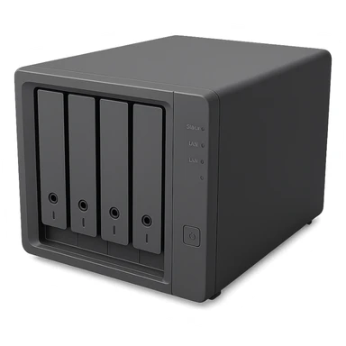 generic 4 bay NAS device, angled view, minimal design sticker