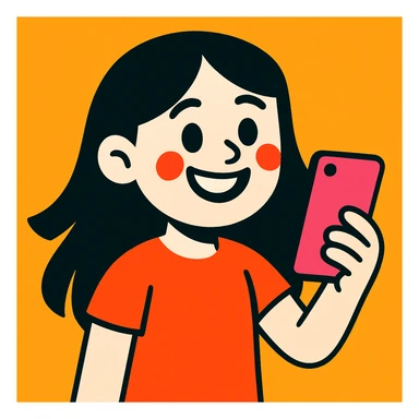 smiling white girl with long black hair holding cellphone sticker
