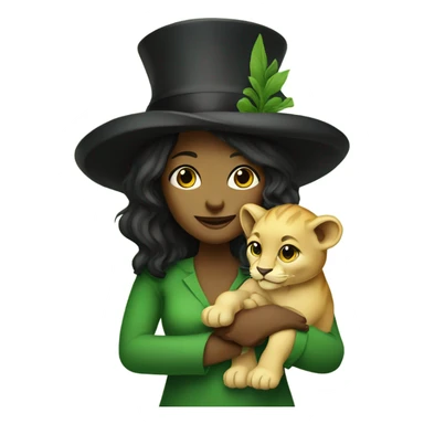 Green woman with pointy black hat holding a baby lion cub sticker