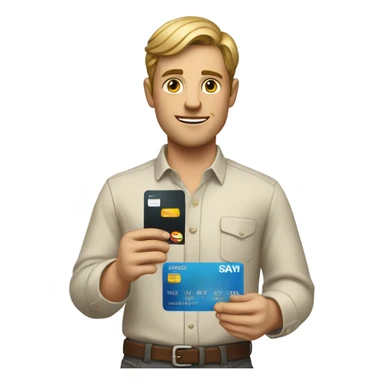 white guy in business casual look showing a credit card  sticker