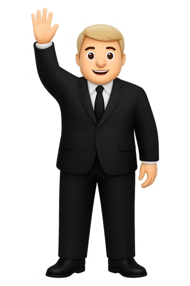 Make the white man in a black suit and shoes with one hand raised bigger framed with broader shoulders and a more robust build, keep no background. sticker