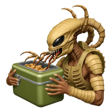 The original Predator with mask and mouth piece eating an Alien facehugger from a lunchbox, the setting should be dark and real. sticker