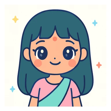 illustration of an Indian girl with straight long hair and a fringe, big lips, slightly slanted eyes, winged eye liner, cute kawaii style sticker