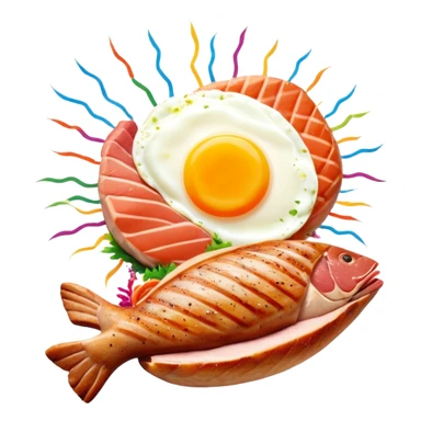 Protein party explosion with chicken breast, red meat steak, salmon fillet, and egg bursting upward from center like fireworks, with the largest chicken piece in front, DNA strands spiraling around them, and muscle silhouette in background sticker