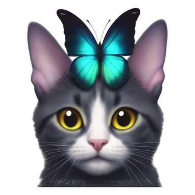 Dark iridescent butterfly glowing on top of cats head  sticker
