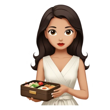 Beautiful woman in 1950’s woman fashion look, white dress, long dark brown hair, Japanese bento sticker