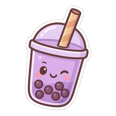 purple bubble tea with a winking face, cute and exaggerated chibi sticker style sticker