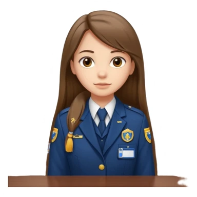 Young girl, long brown straight hair, wearing uniform jacket with hotel name badge, tasteful scarf, stand behind the desk

 sticker