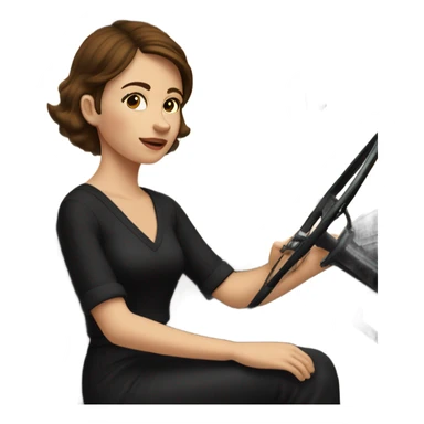 Girl with short brown hair in black V-neck blouse driving jalopy sticker