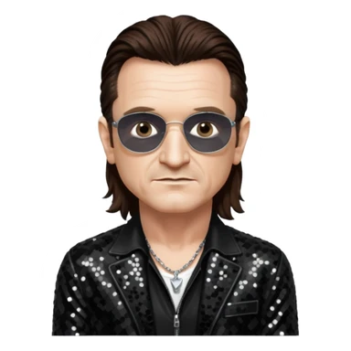 Bono from U2 with long dark brown hair, black sequin outfit  sticker