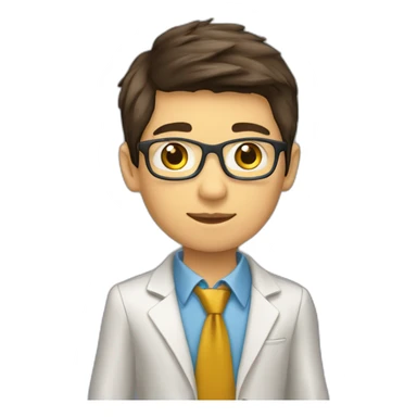 Classy programmer, 13 years old, coat, formal outfit, pc in hands, brunette boy, uses pc stays on pc sticker