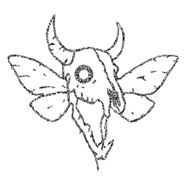 absolute horror: extremely minimal red line art of fused minotaur-stoat skull with broken horn and glowing eye, with moth wings, entirely hollow/transparent middle, severely deteriorated edges, 100% red color only, terrifying sparse lines, mostly missing perimeter, nightmarish and ancient sticker