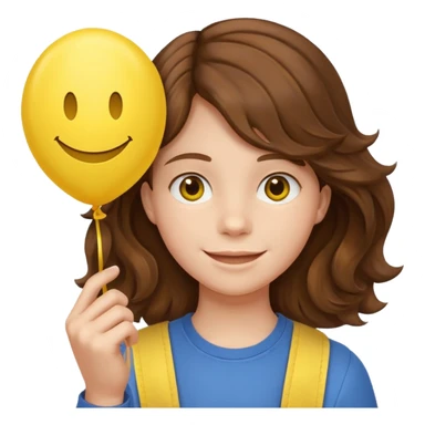 Teen wavy brown hair, with smiley-face balloon sticker