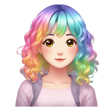 Gorgeous anime style shojo character with blushing face aesthetic and pretty colorful shiny gradient neon rainbow hair with hair garment trending style sticker