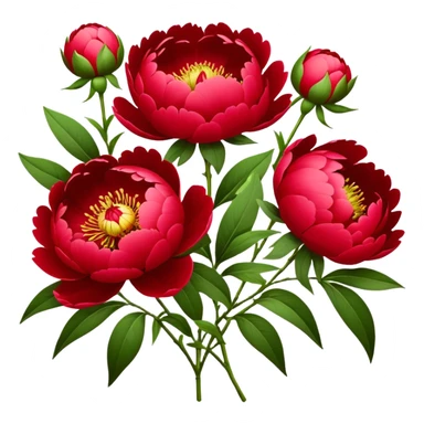 bouquet red Peony, luxuriant, stem, leaf, bud sticker