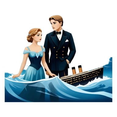 Icon for Titanic Movie: A vintage movie poster-style design featuring a dramatic scene of the ship, the iceberg, and a romantic silhouette of the main couple. Include elements like the ship’s bow, water splashes, and a starry sky in the background. Retro cinematic feel. Transparent background. sticker