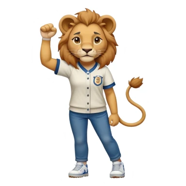 friendly anthropomorphised female lion wearing a baseball shirt, jeans, trainers, standing upright with one fist raised, looking determined and confident sticker