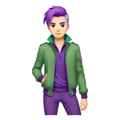 Man with stylish green jacket and purple hair, strong pose, bold expression, modern clothing style sticker