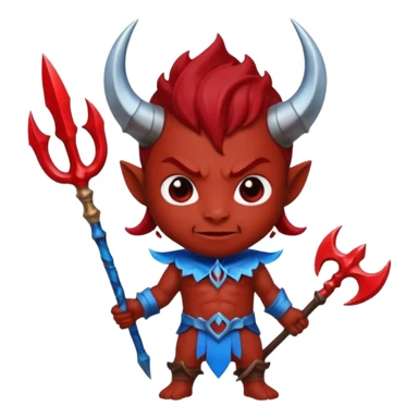 a Red devil, short horn Chibi red demon hold a blue trident sticker
