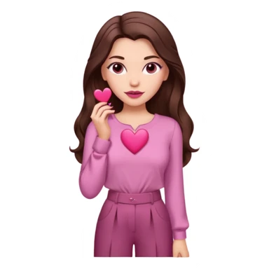  emoji, white person, inspired with brunette hair, brown eyes, long hair, heart shape lips and pink make up  and pink nails, mauve pink blush and brown wide leg pants, burgundy shoulder drop shirt, brown heels , princess hair, brown heels, no floating hearts  sticker