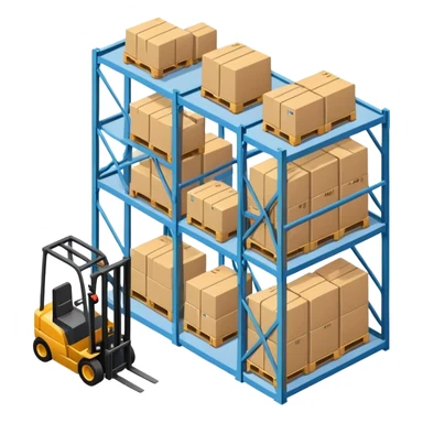 Isometric warehouse with forklift and storage racks inside, large cargo door sticker
