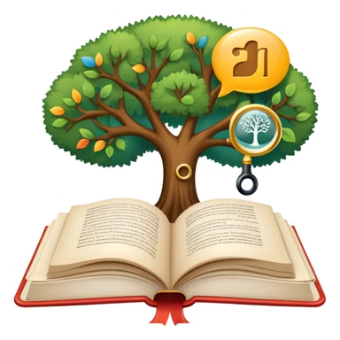 An icon featuring an open book, a speech bubble, and a linguistic tree, symbolizing philology and linguistics. The design includes alphabets, language symbols, and a magnifying glass, representing the study of language, structure, and meaning. Transparent background sticker