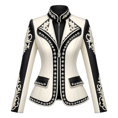Alexander McQueen brand ultra detailed jacket for women with luxury gothic style embellishments. 8k, 5000x5000px, 3D rendering, realistic, isolated still life, no emoji faces no emoji icons no human figures  sticker