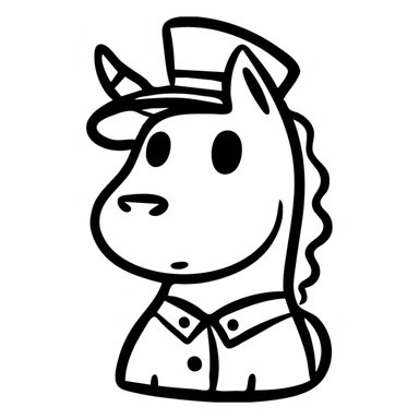 Cartoon pony with a dog's face and features, wearing military uniform and hat sticker