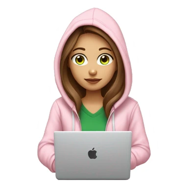 a girl with brown long hair, light beige skin, green eyes, is working relaxed at a modern laptop in a monochrome pale pink zip hoodie with a hood and a pink monochrome T-shirt sticker