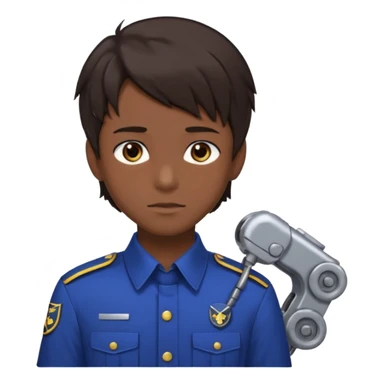 A 20-year-old man with dark brown hair, anime style, dark brown eyes, his hair on the right side is normal and straight, while the left side extends sideways. He is wearing a collared uniform. The background is filled with machines. sticker