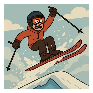 a ski guy jumping off a snowy ramp, snow flying, stylized, bold lines sticker