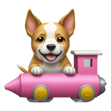 A dog riding a fabric train with yellow cabins and a pink head sticker