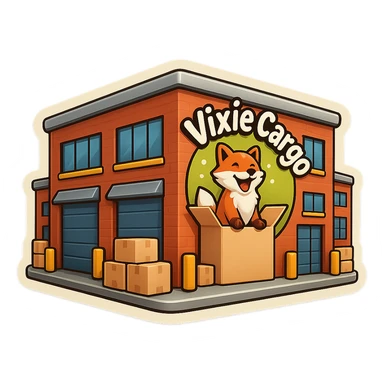 Create a variation of the parcel warehouse building emoji with the Vixie Cargo logo, adding more parcels stacked outside, with no background. sticker