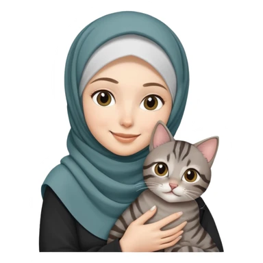 White girl wearing hijab smiling while holding a black grey tabby cat sticker