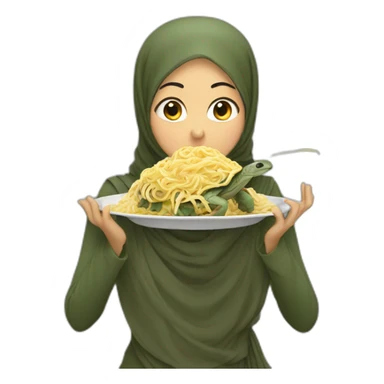 Hijab eating noodles on a turtle sticker